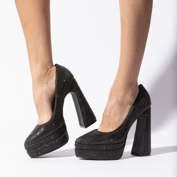 Black Sparkly Closed Toe Statement Platform Block Heels - Picture 2 of 4